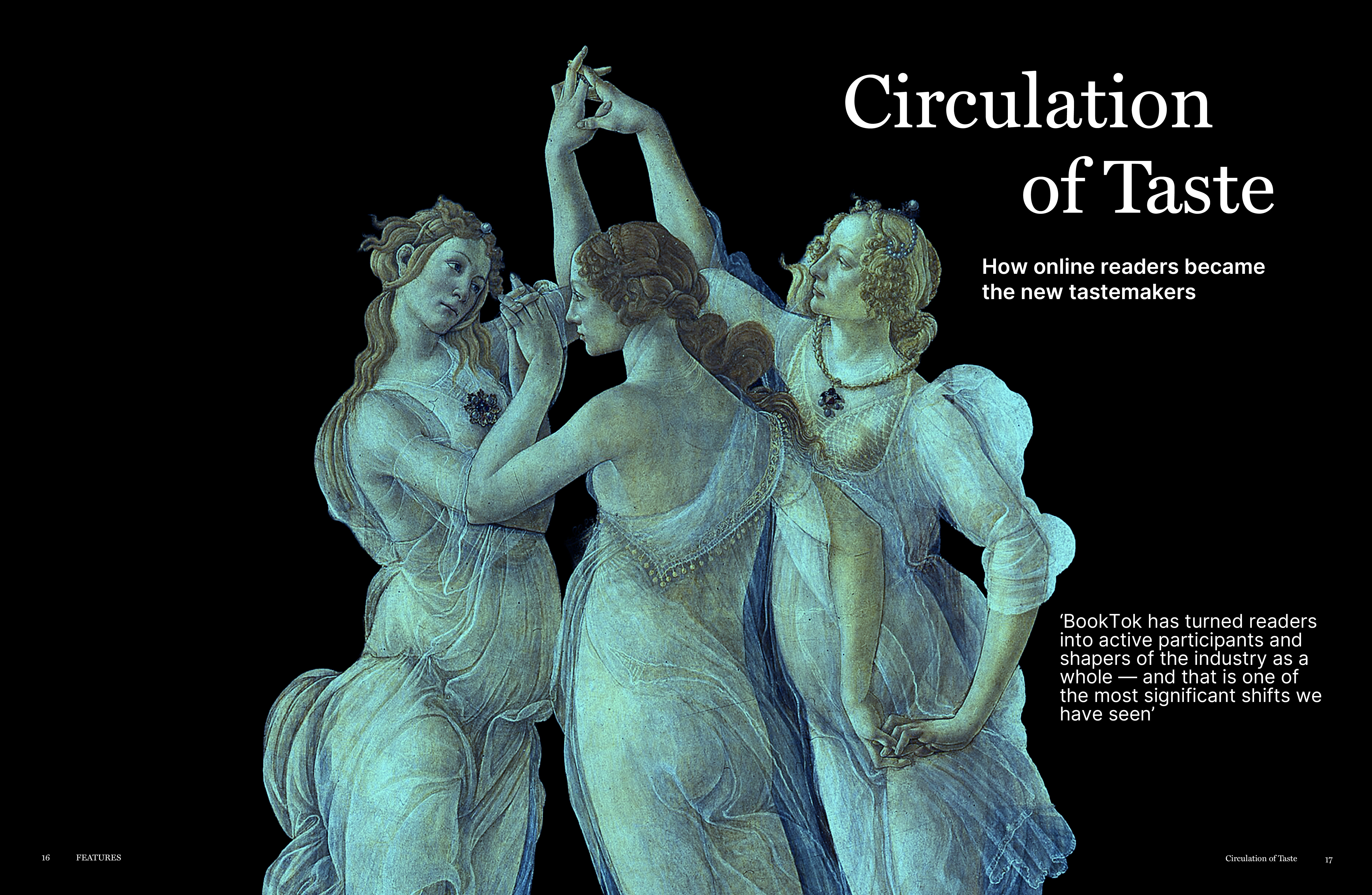 Circulation of Taste spread — Botticelli's Three Graces from Primavera, mapping the three forces that determine what we read: publisher, platform, reader.