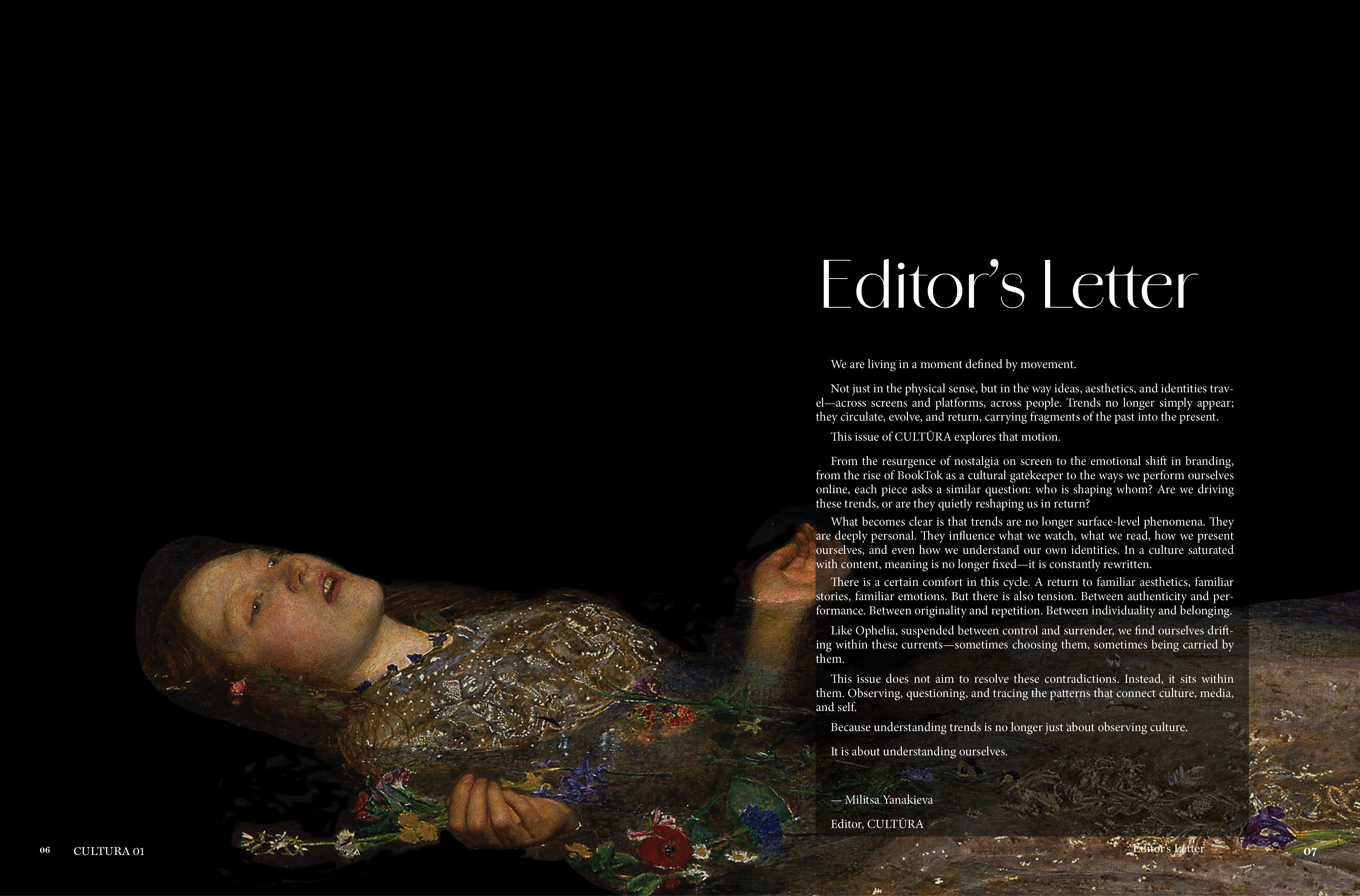 Editor's letter spread — Millais' Ophelia edited with Caravaggio's tonal contrast, bleeding across the full double-page spread.