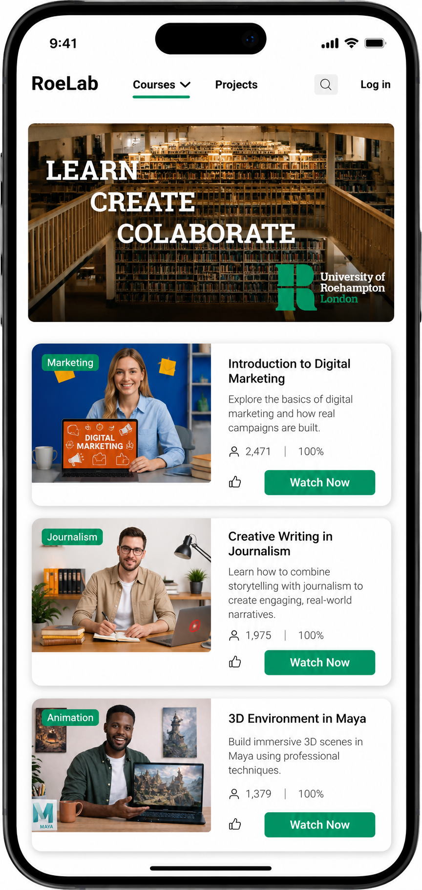 RoeLab — mobile home screen